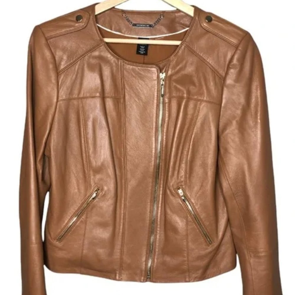Tan leather jacket with gold accent zippers White House Black Market butter soft